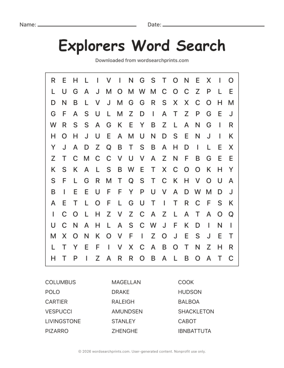 Explorers Word Search printable worksheet preview