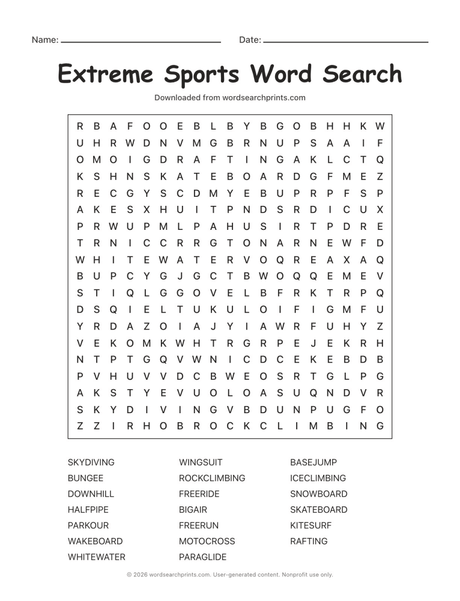 Extreme Sports Word Search printable worksheet preview