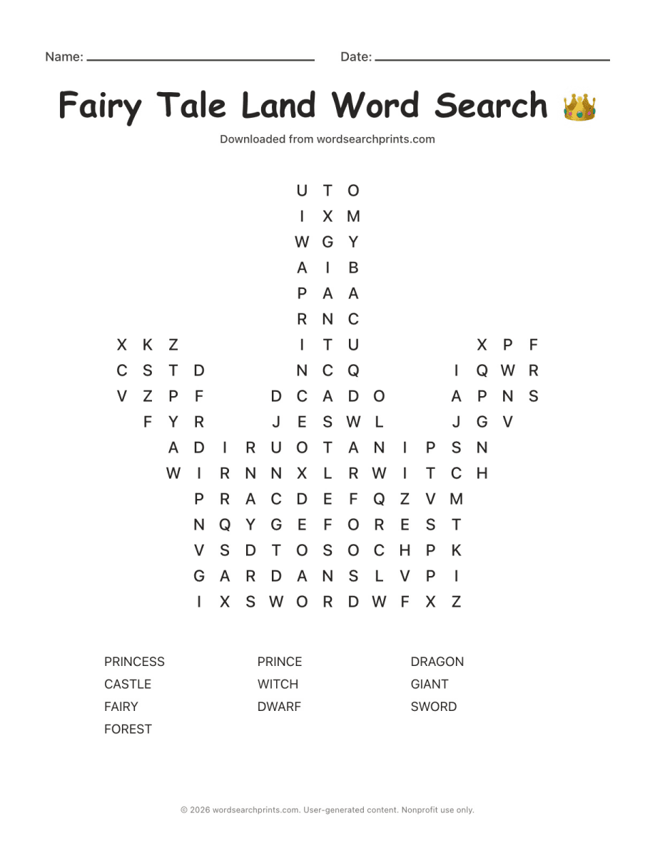 Fairy Tale Land Word Search printable worksheet preview