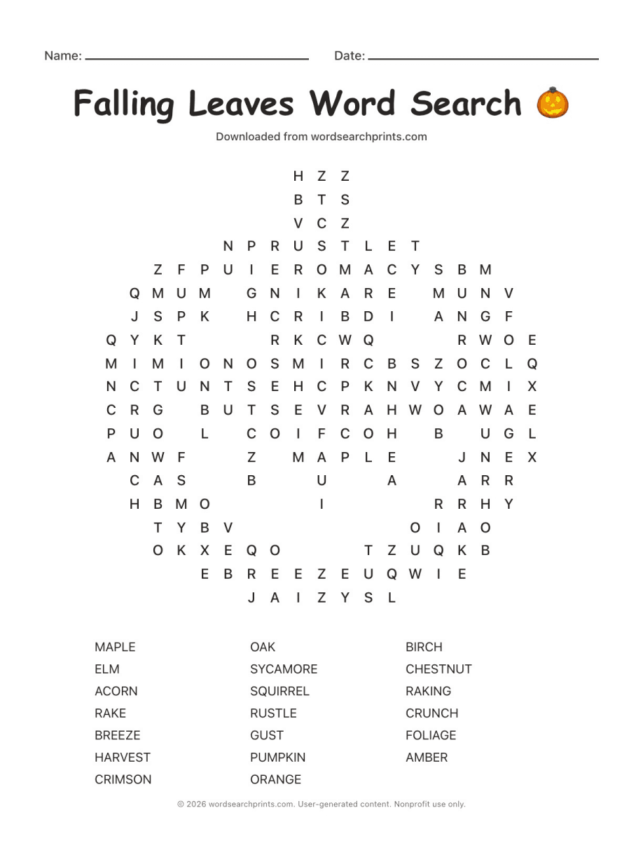 Falling Leaves Word Search printable worksheet preview