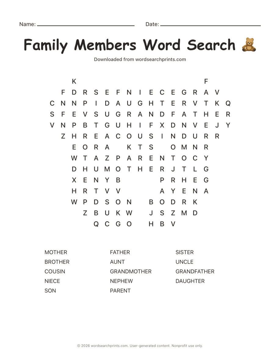 Family Members Word Search printable worksheet preview