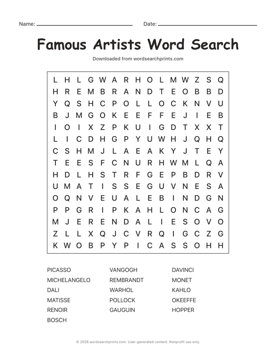 Famous Artists Word Search printable worksheet preview