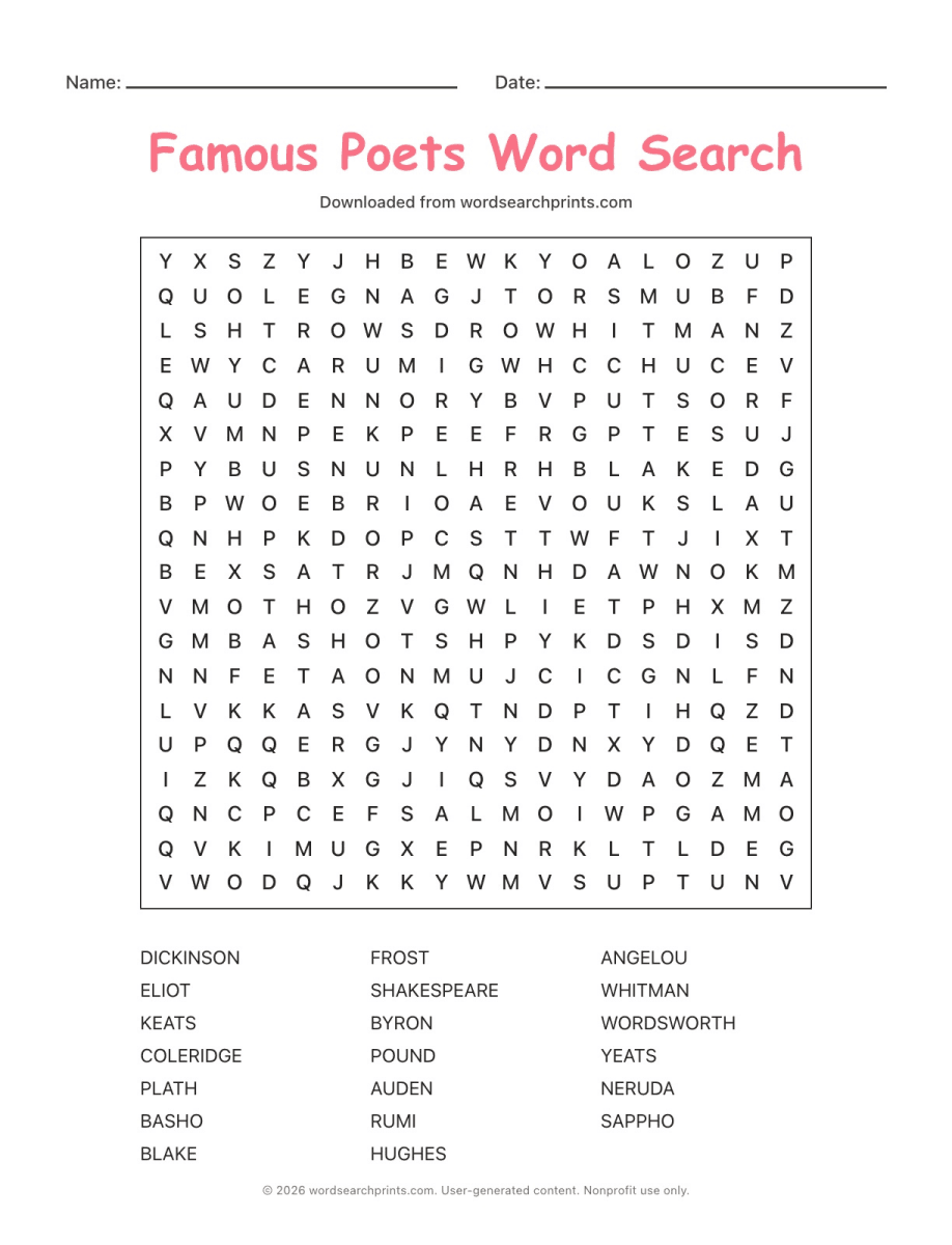 Famous Poets Word Search printable worksheet preview