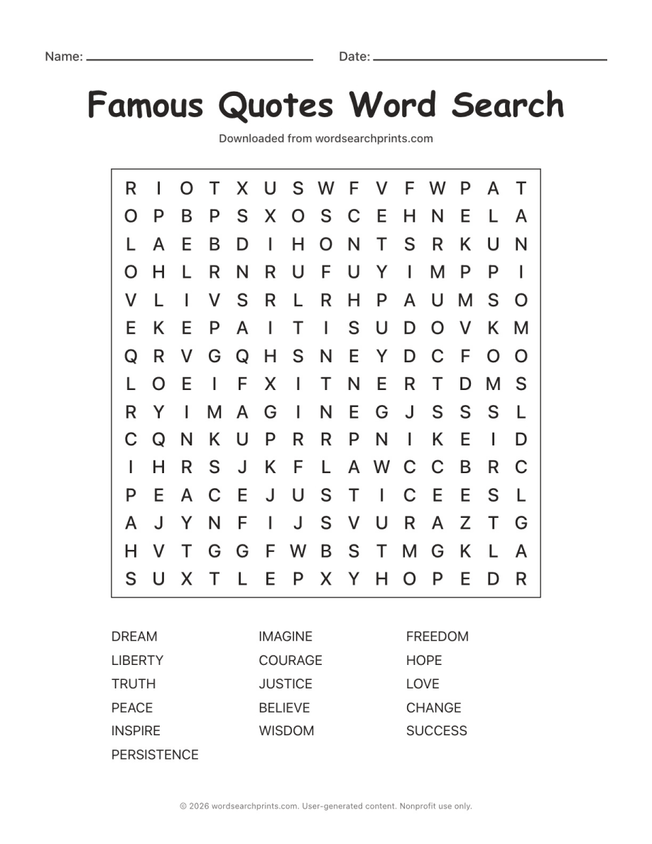 Famous Quotes Word Search printable worksheet preview