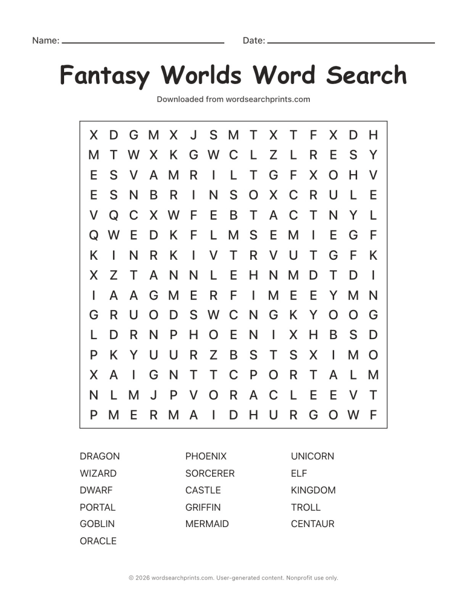 Fantasy Worlds Word Search printable worksheet preview