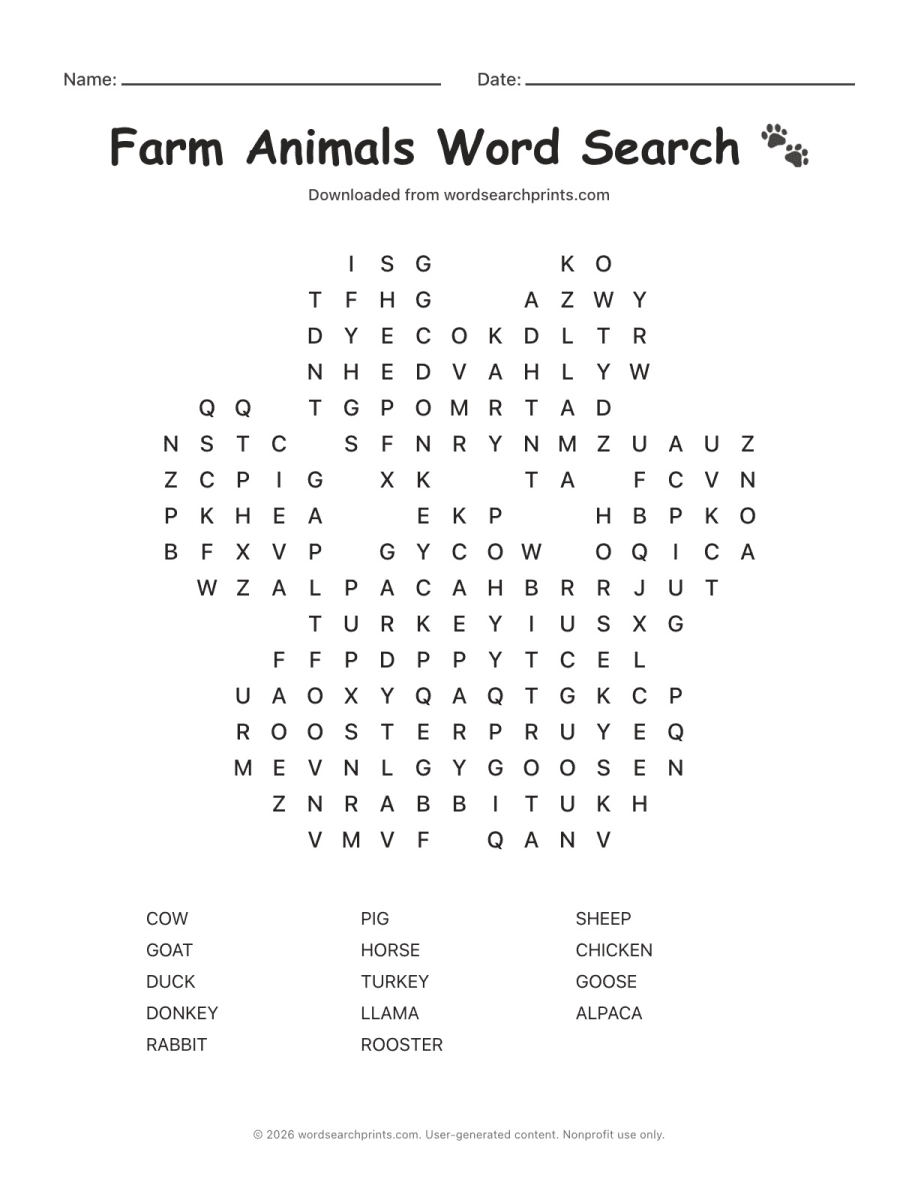 Farm Animals Word Search printable worksheet preview