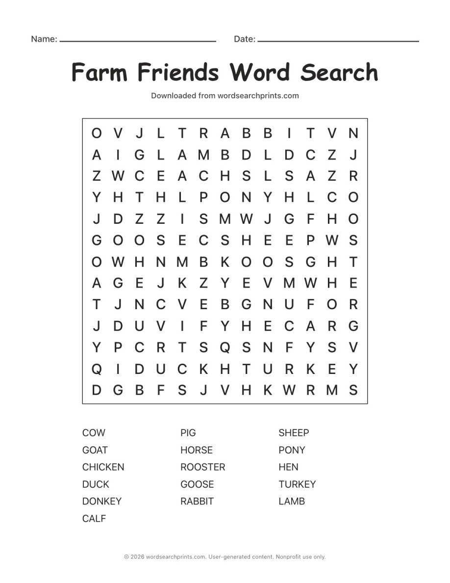 Farm Friends Word Search printable worksheet preview