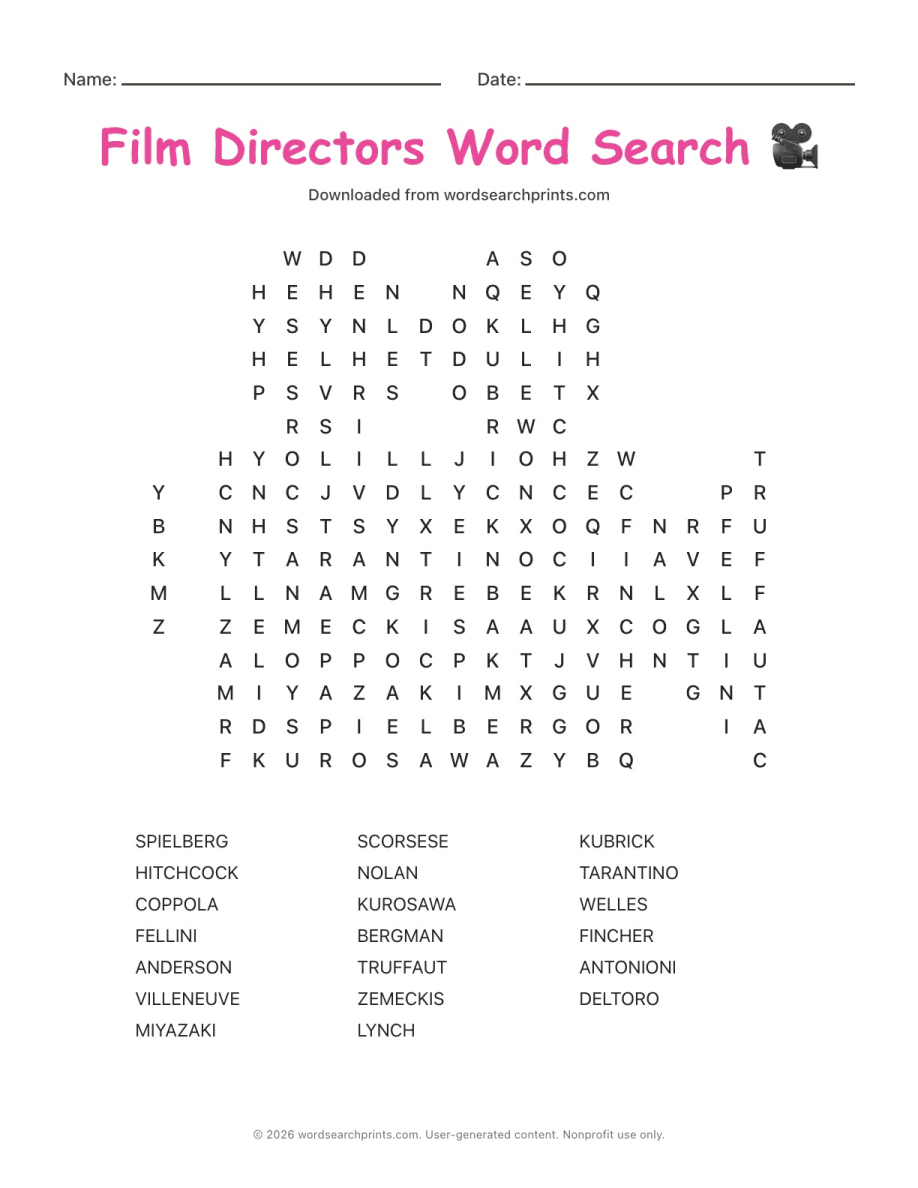 Film Directors Word Search printable worksheet preview