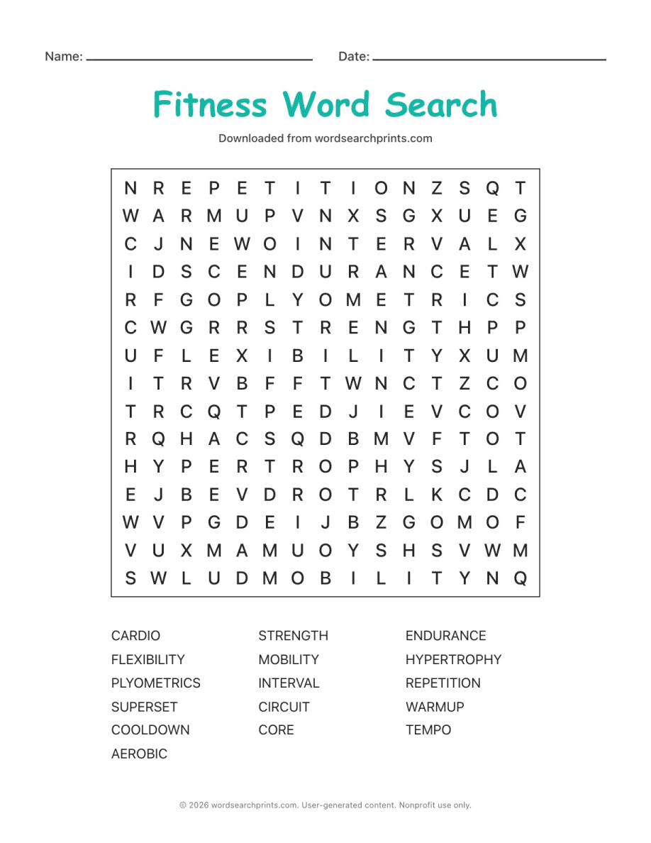 Fitness Word Search printable worksheet preview