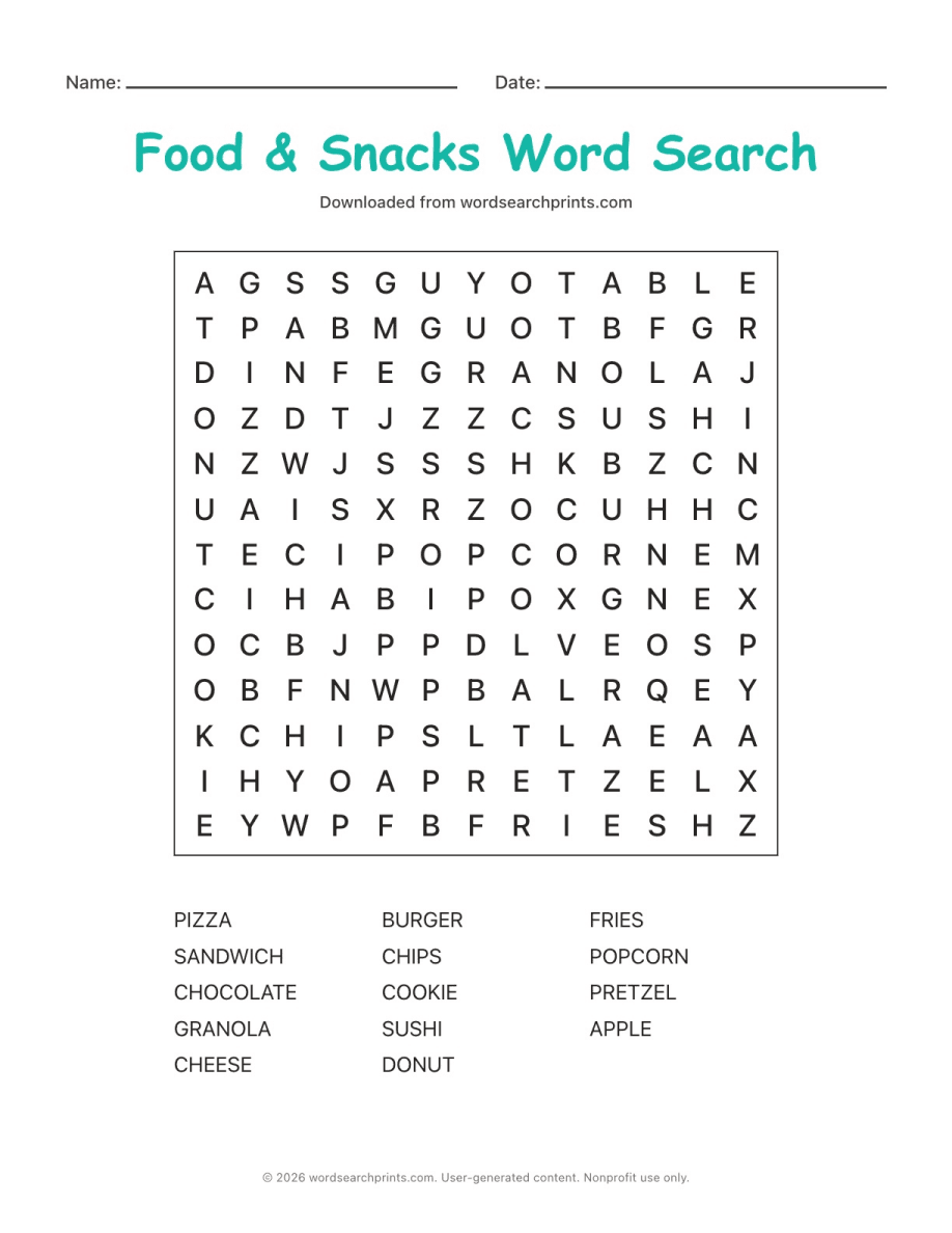 Food & Snacks Word Search printable worksheet preview