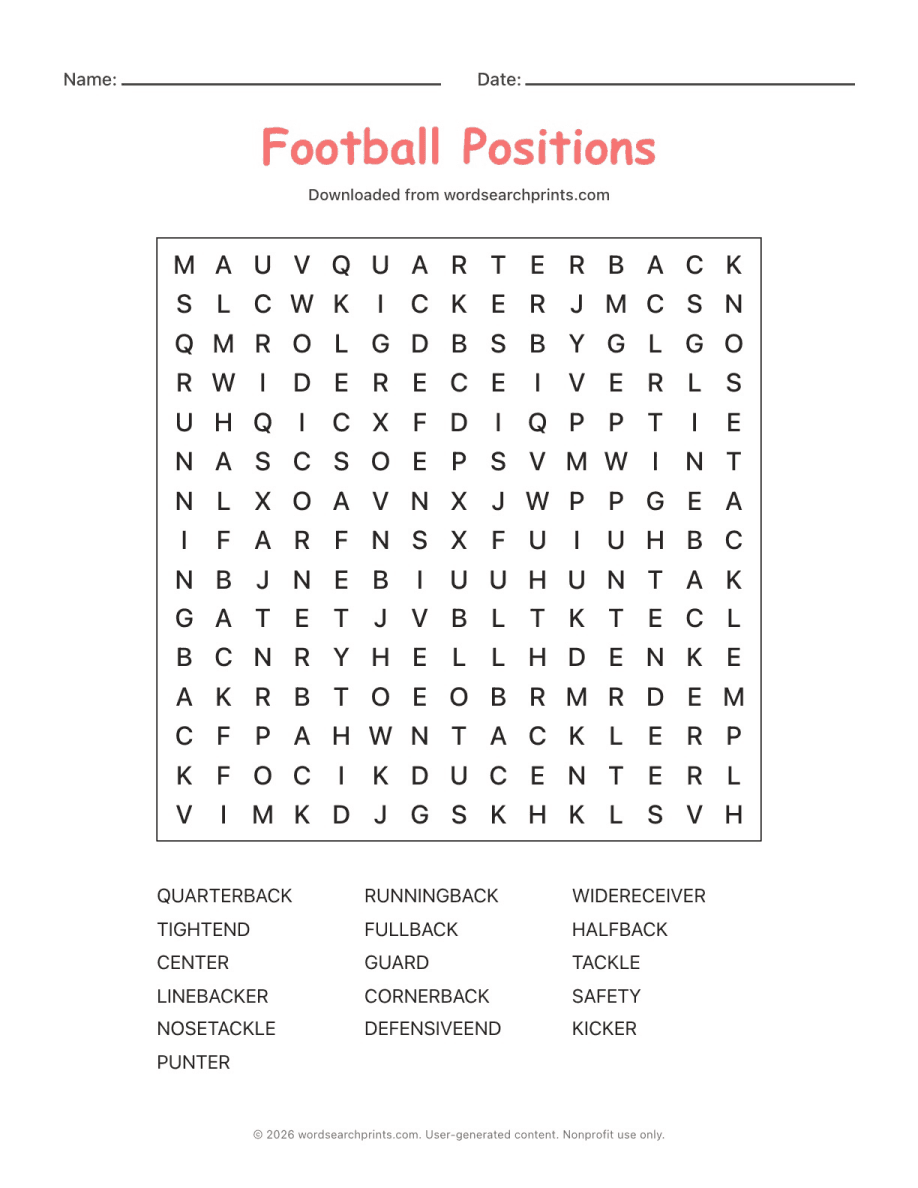 Football Positions Word Search printable worksheet preview