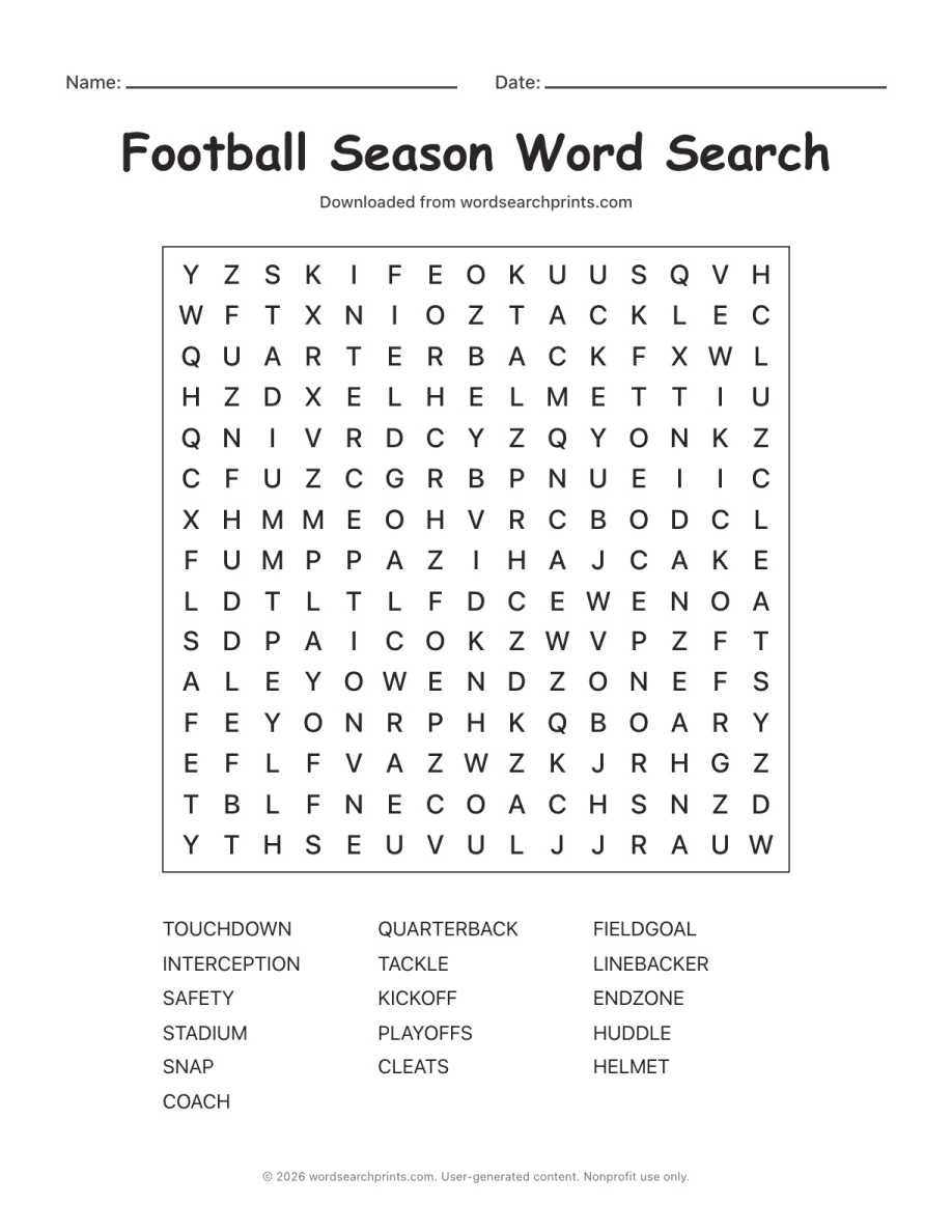 Football Season Word Search printable worksheet preview
