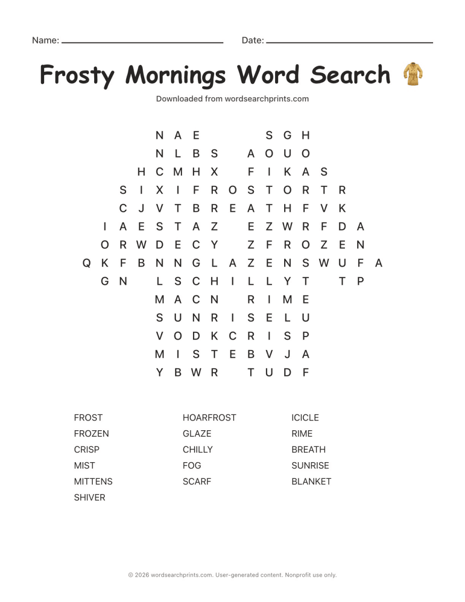 Frosty Mornings Word Search printable worksheet preview