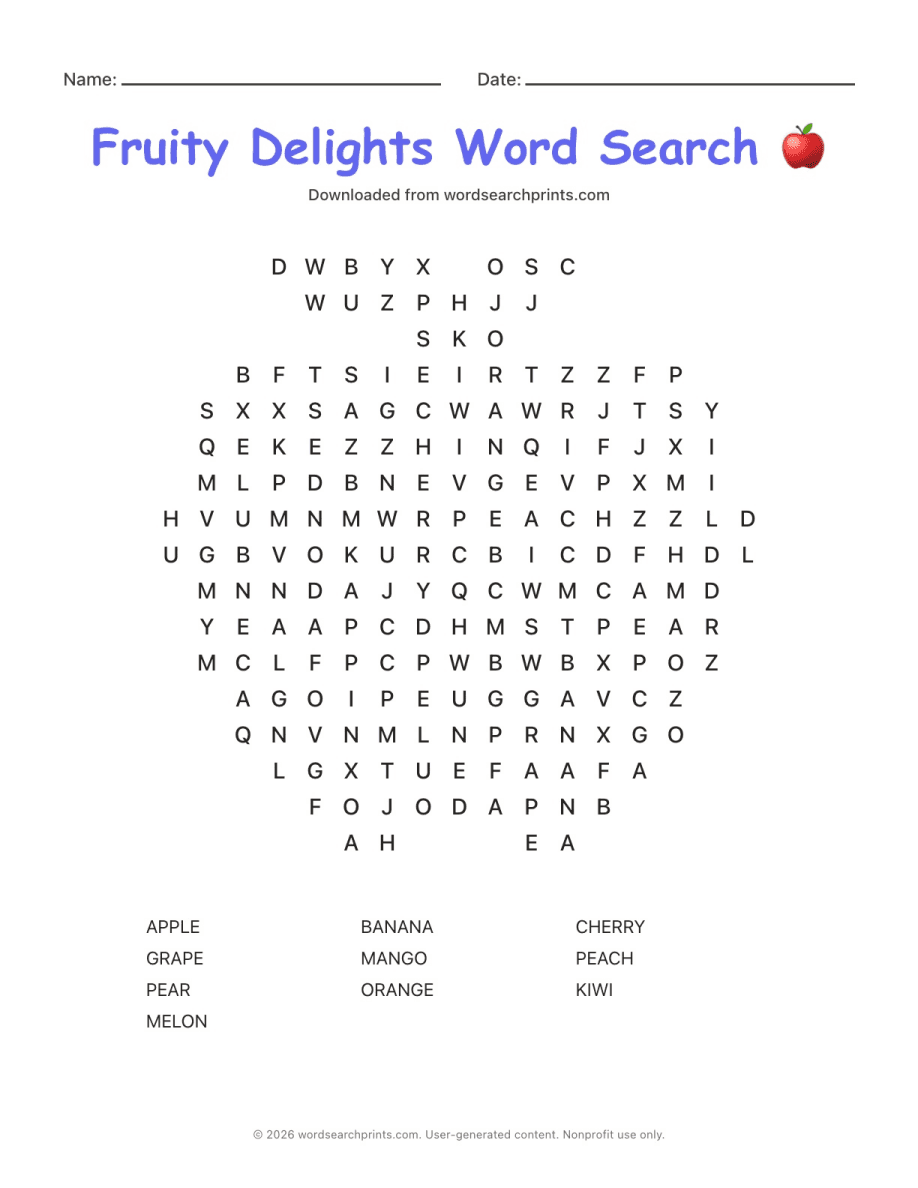 Fruity Delights Word Search printable worksheet preview