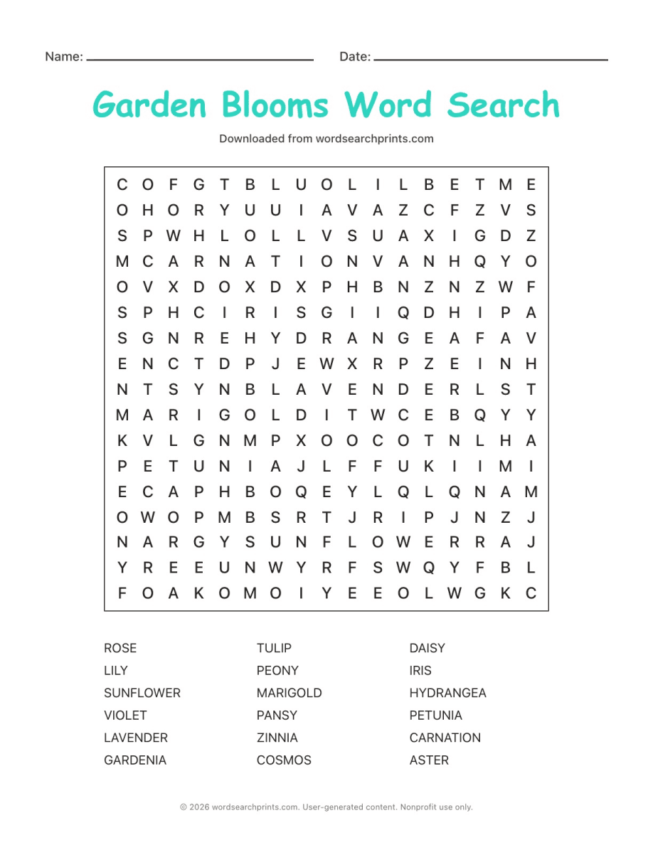 Garden Blooms Word Search printable worksheet preview