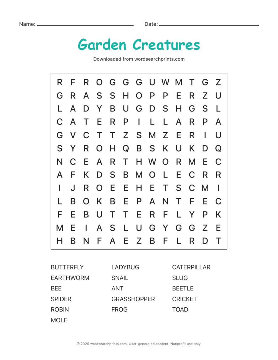 Garden Creatures Word Search printable worksheet preview