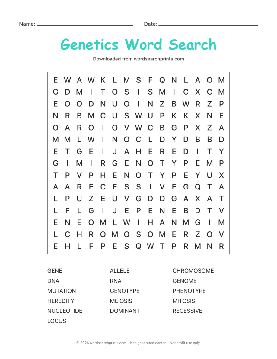 Genetics Word Search printable worksheet preview