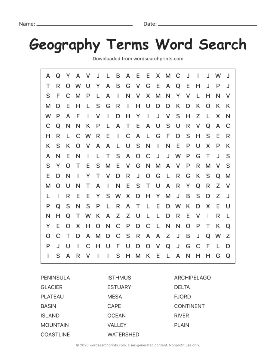 Geography Terms Word Search printable worksheet preview