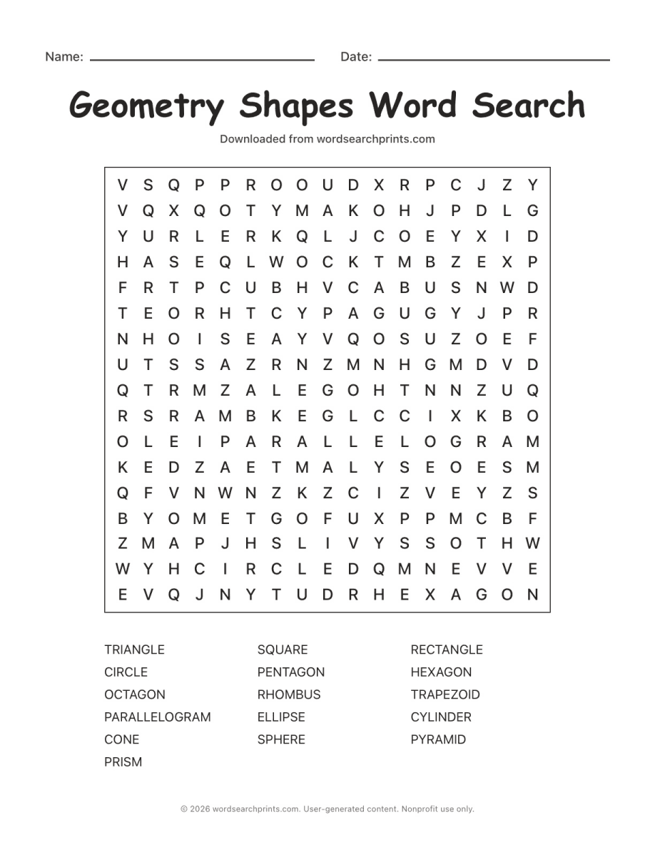 Geometry Shapes Word Search printable worksheet preview