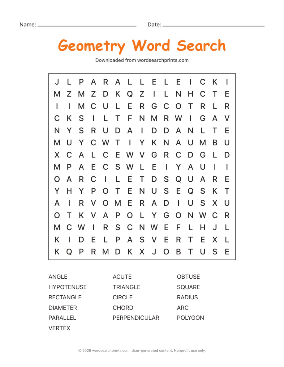 Geometry Word Search printable worksheet preview