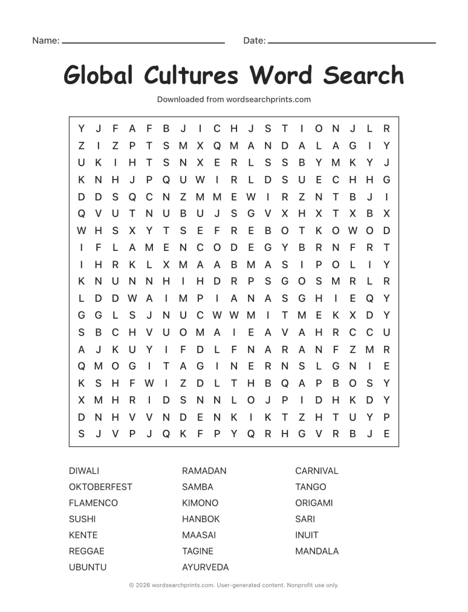Global Cultures Word Search printable worksheet preview