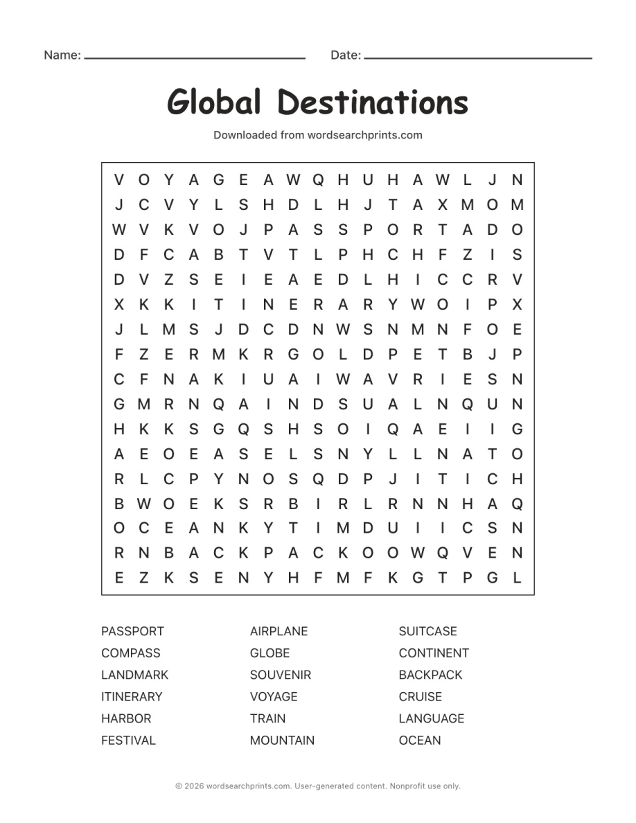 Global Destinations Word Search printable worksheet preview