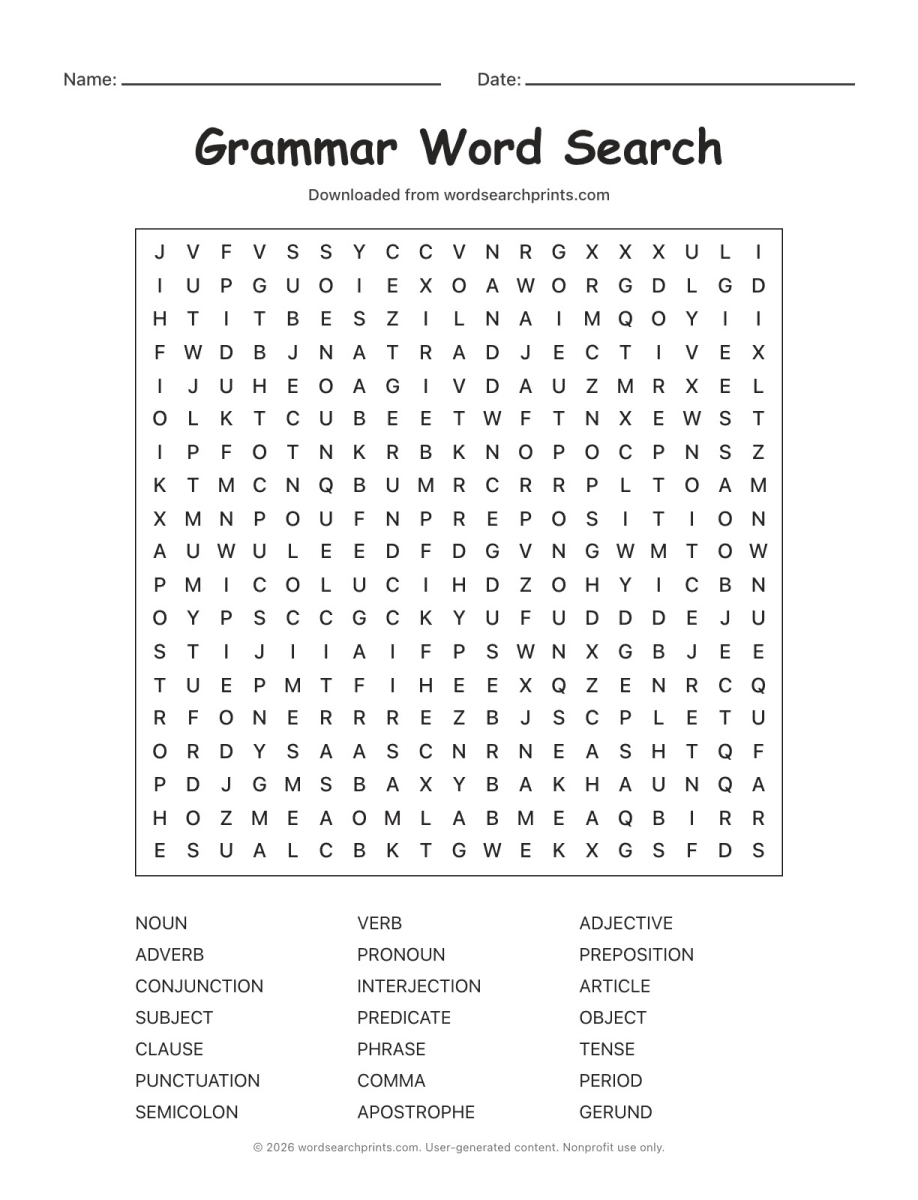 Grammar Word Search printable worksheet preview