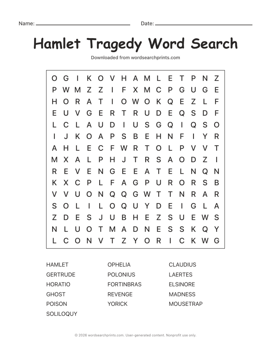 Hamlet Tragedy Word Search printable worksheet preview