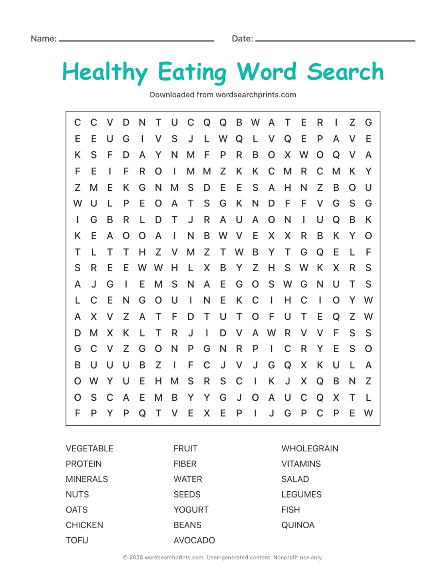 Healthy Eating Word Search printable worksheet preview