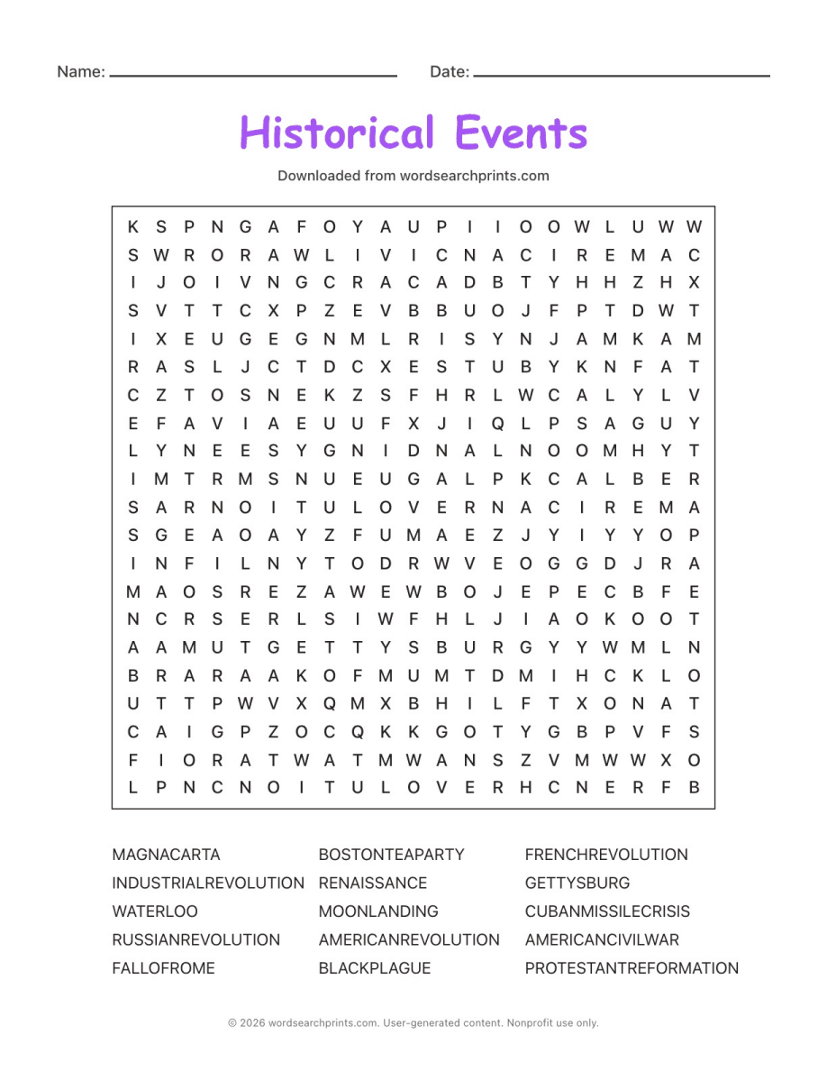 Historical Events Word Search printable worksheet preview