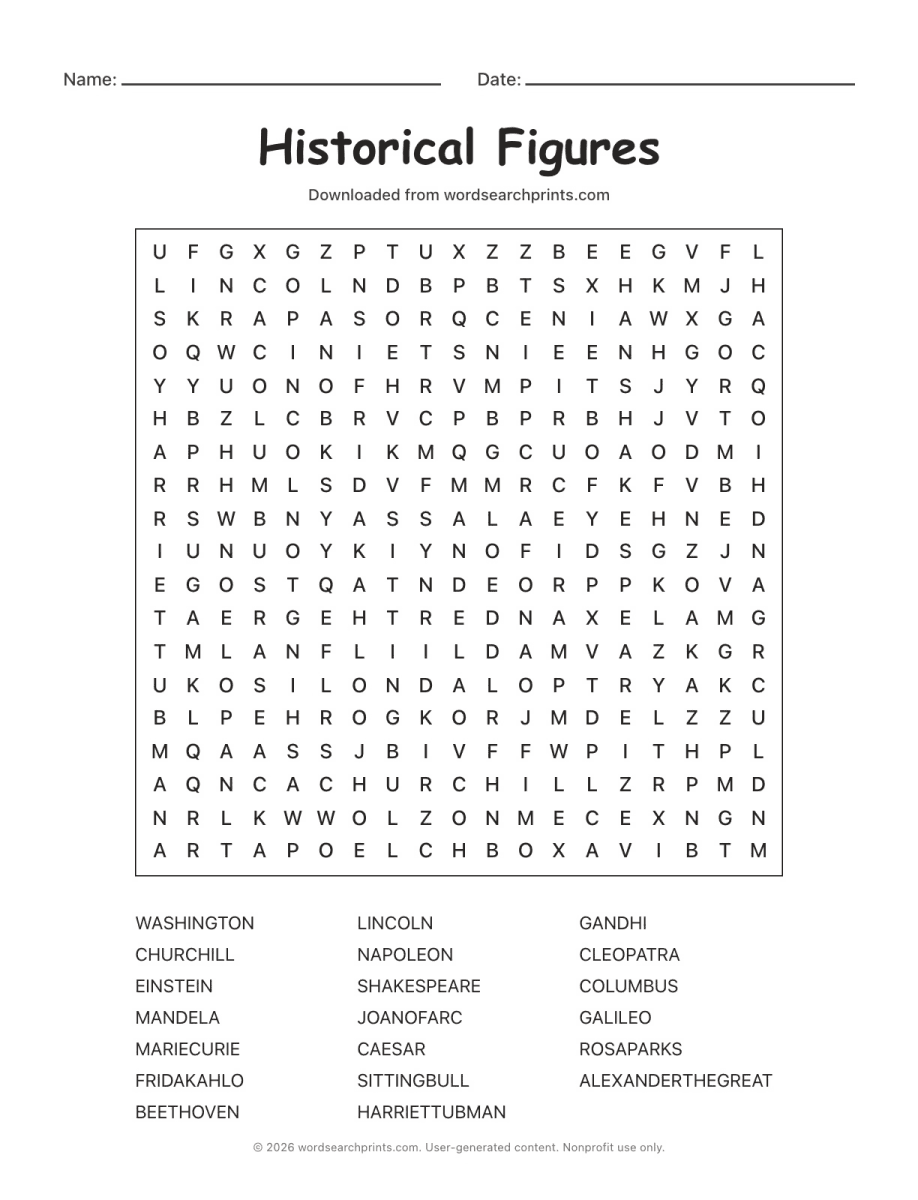 Historical Figures Word Search printable worksheet preview