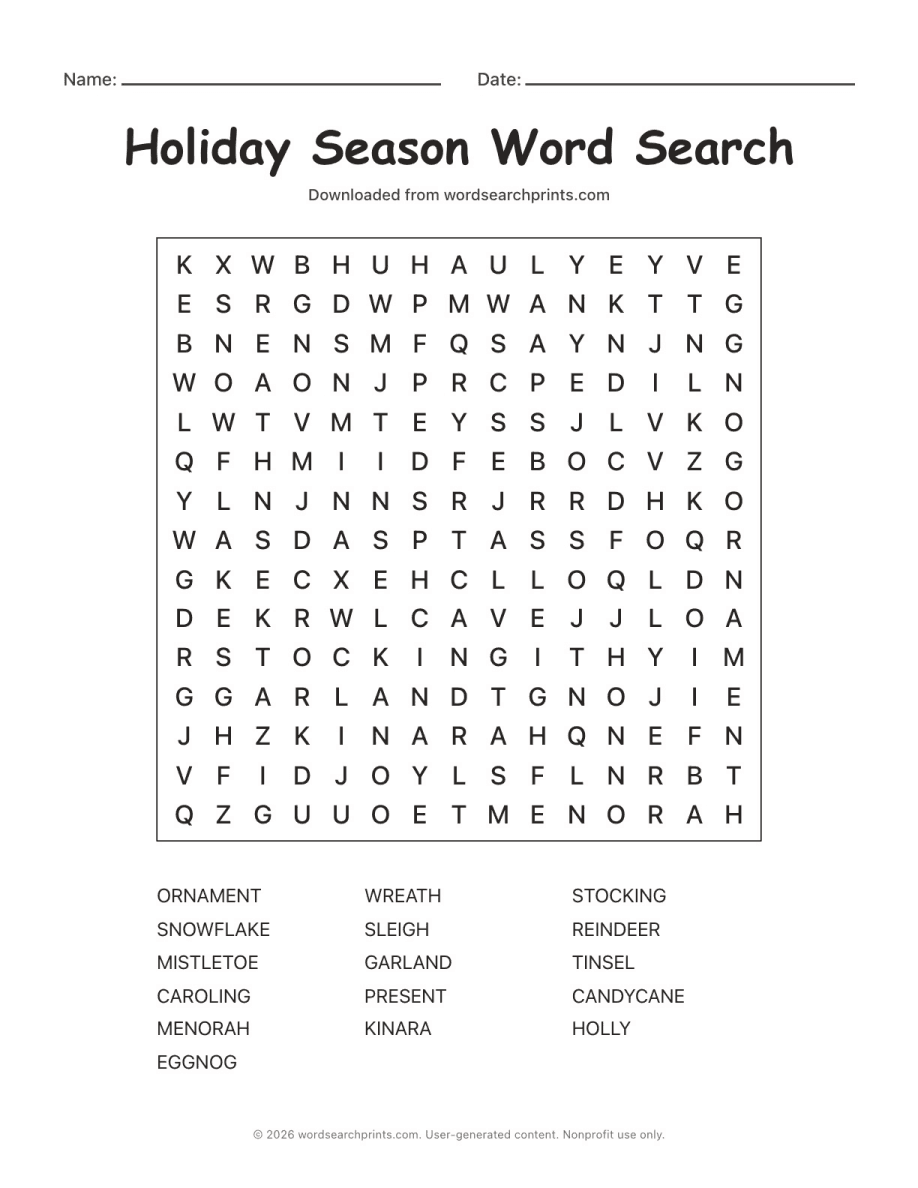Holiday Season Word Search printable worksheet preview