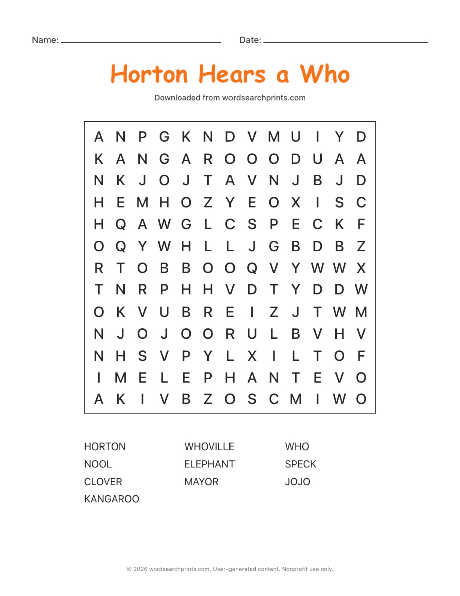 Horton Hears a Who Word Search printable worksheet preview