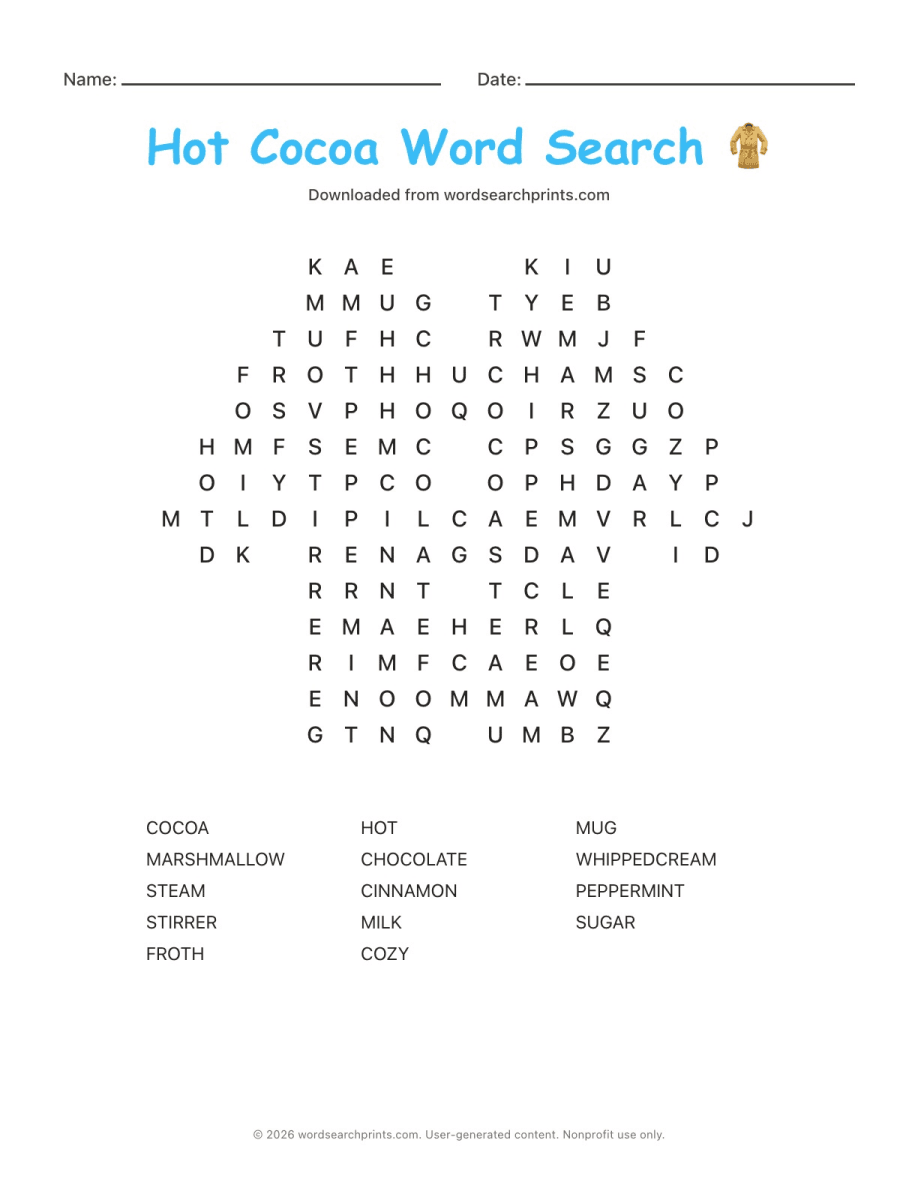 Hot Cocoa Word Search printable worksheet preview