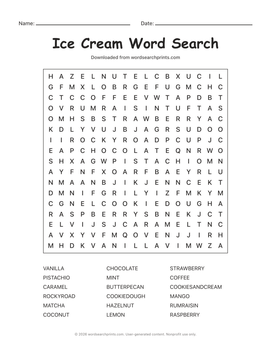 Ice Cream Word Search printable worksheet preview