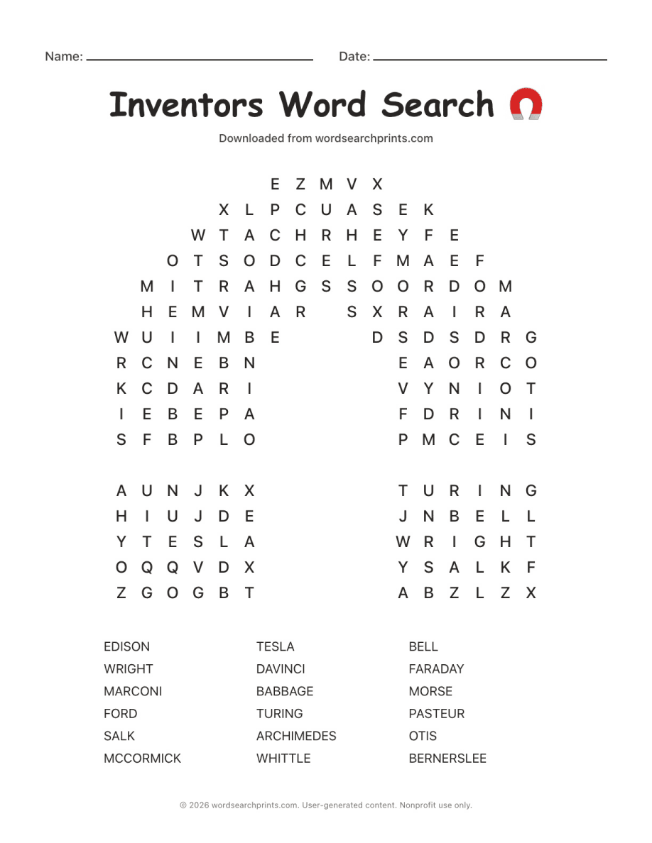 Inventors Word Search printable worksheet preview