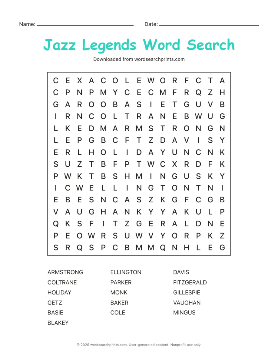 Jazz Legends Word Search printable worksheet preview