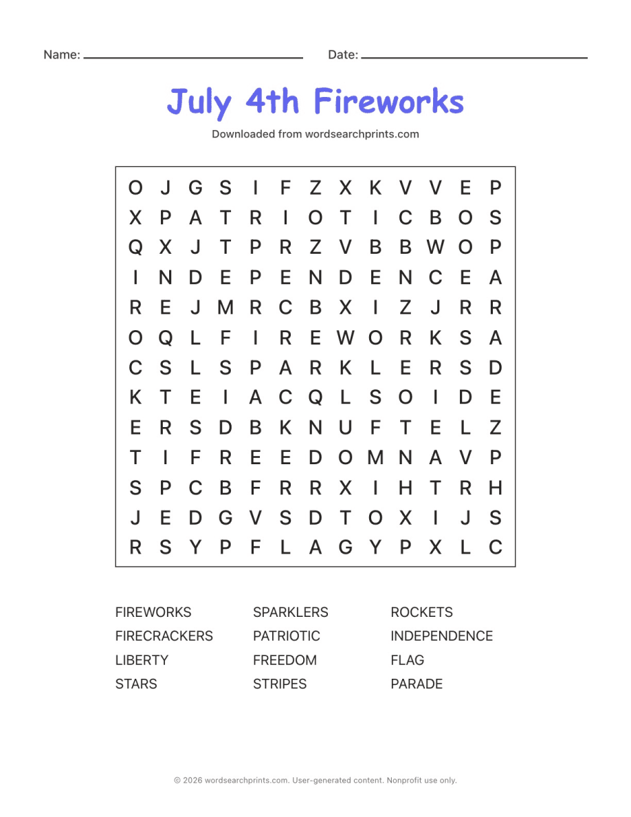 July 4th Fireworks Word Search printable worksheet preview