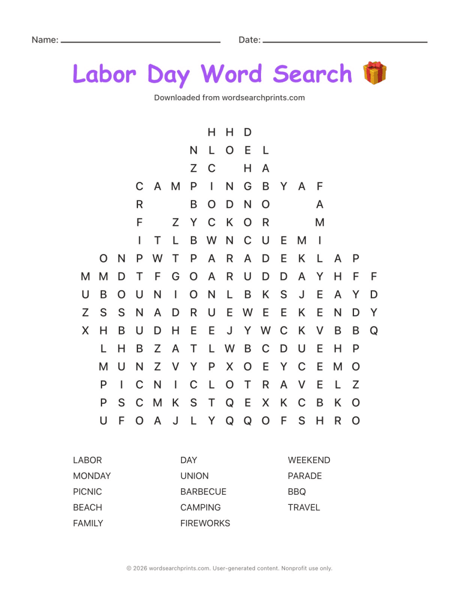 Labor Day Word Search printable worksheet preview