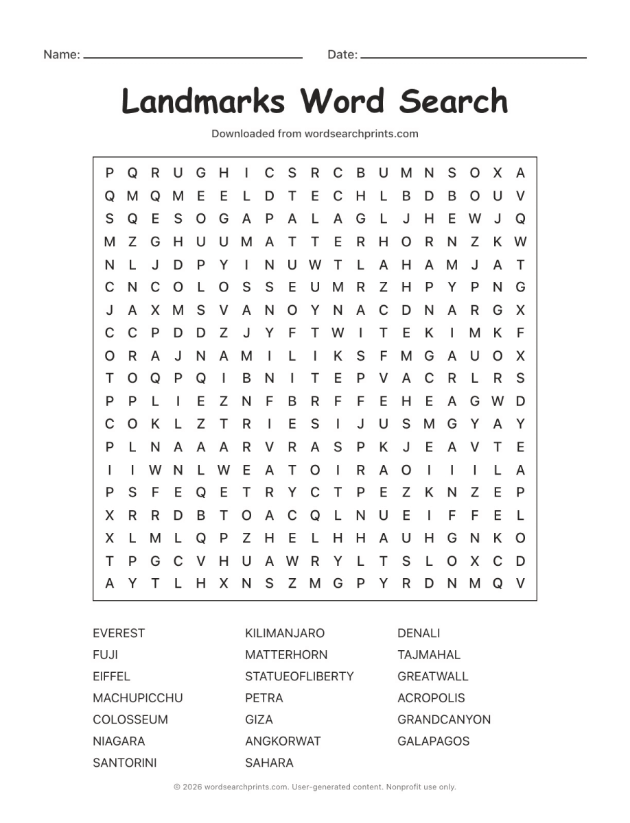 Landmarks Word Search printable worksheet preview