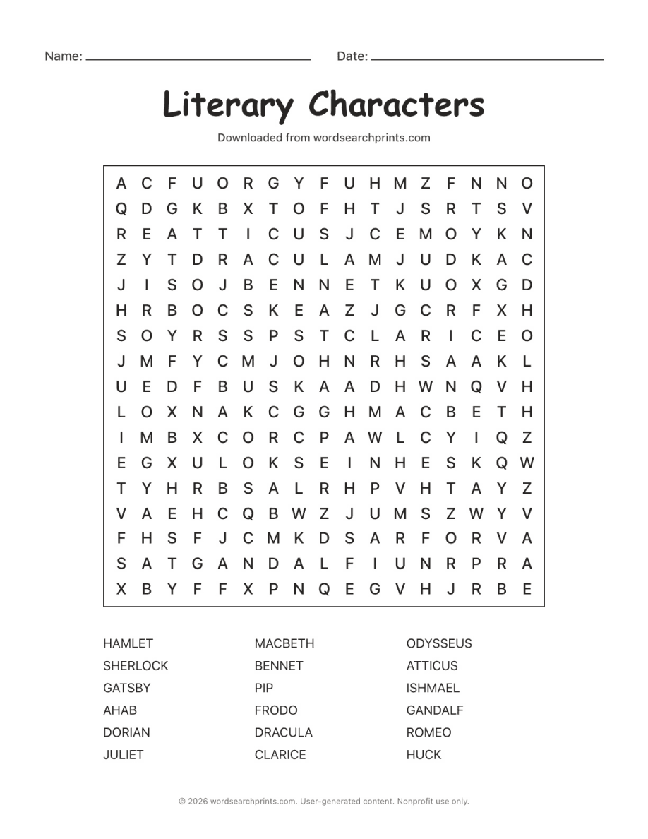 Literary Characters Word Search printable worksheet preview