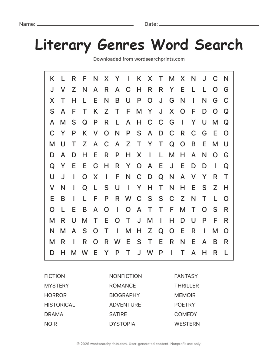 Literary Genres Word Search printable worksheet preview