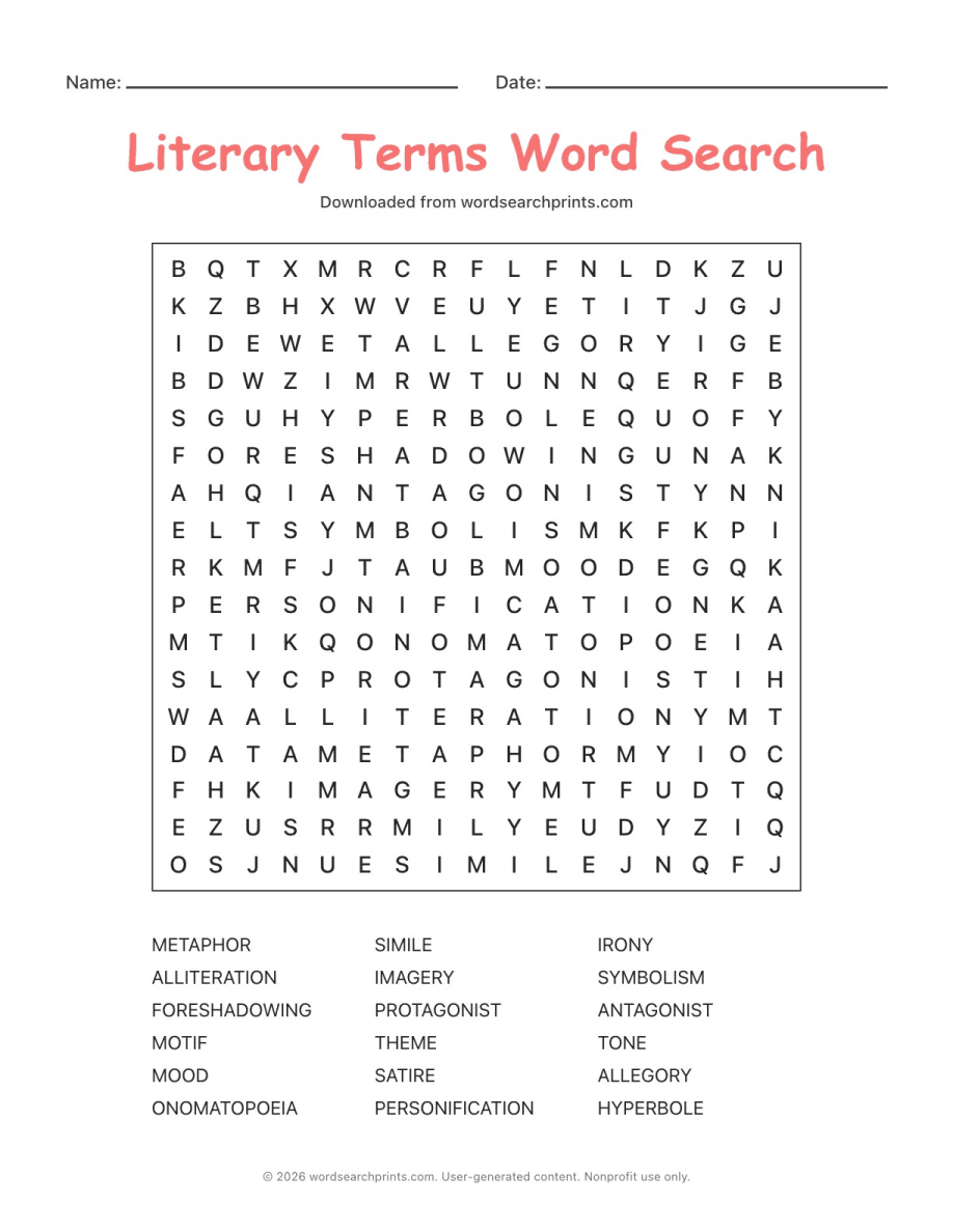 Literary Terms Word Search printable worksheet preview