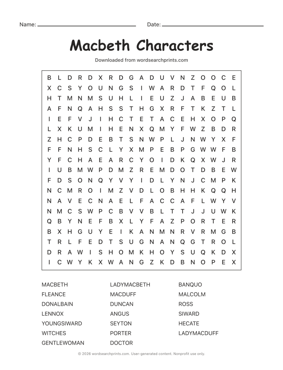 Macbeth Characters Word Search printable worksheet preview