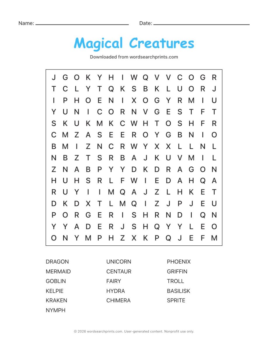 Magical Creatures Word Search printable worksheet preview