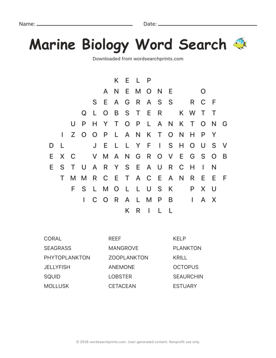 Marine Biology Word Search printable worksheet preview
