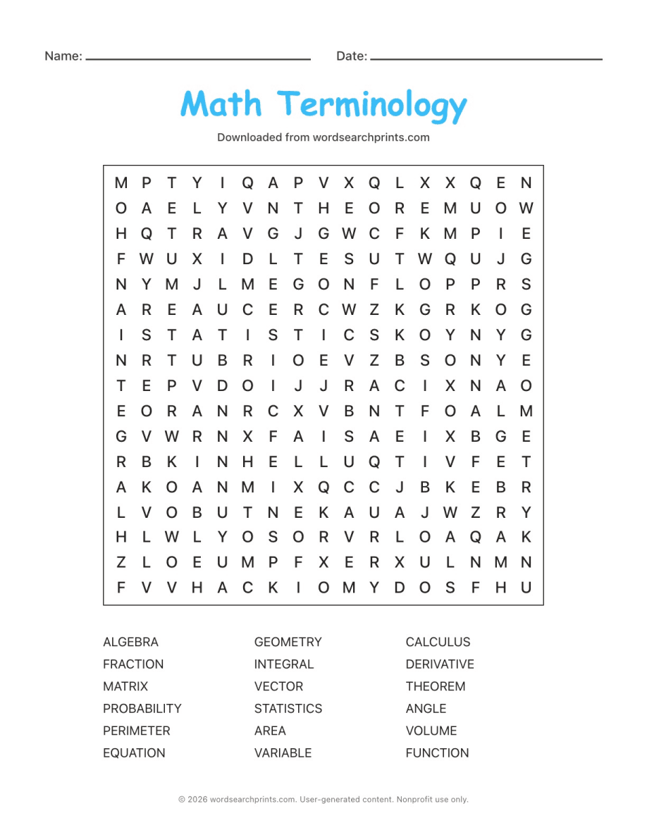 Math Terminology Word Search printable worksheet preview