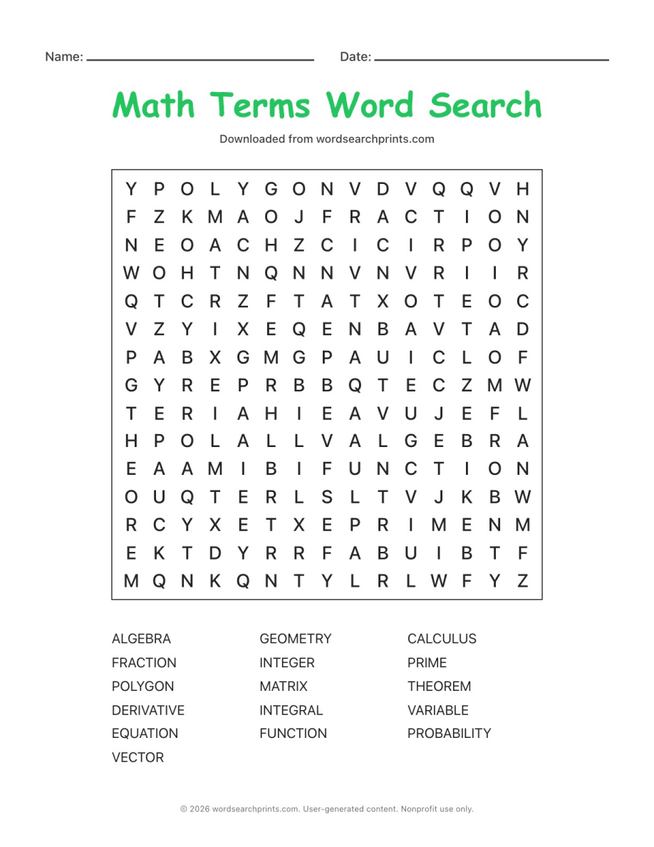 Math Terms Word Search printable worksheet preview