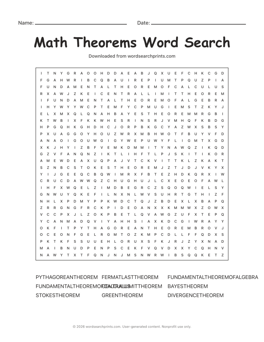 Math Theorems Word Search printable worksheet preview
