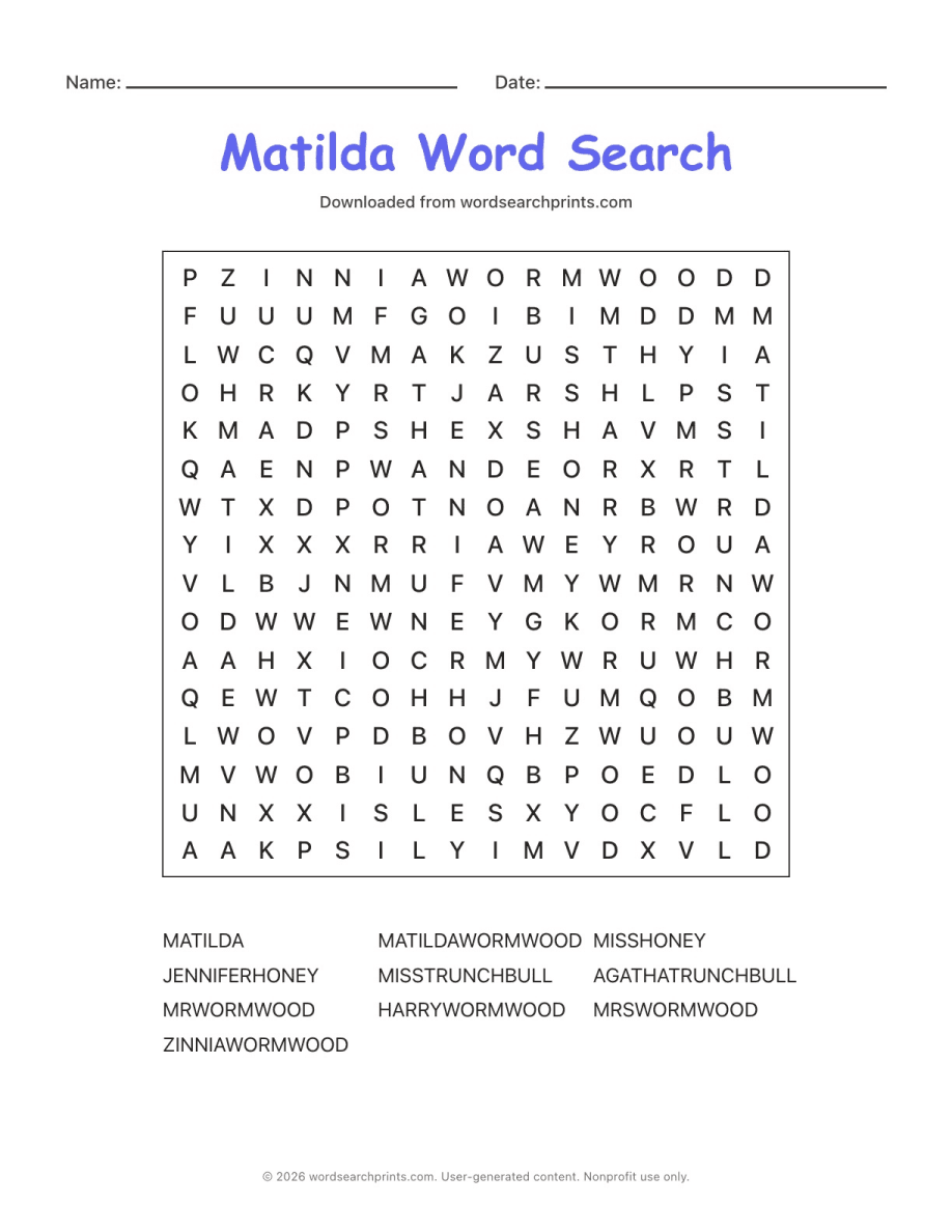 Matilda Word Search printable worksheet preview